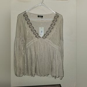 Miss Me Beige Lace Trim Blouse